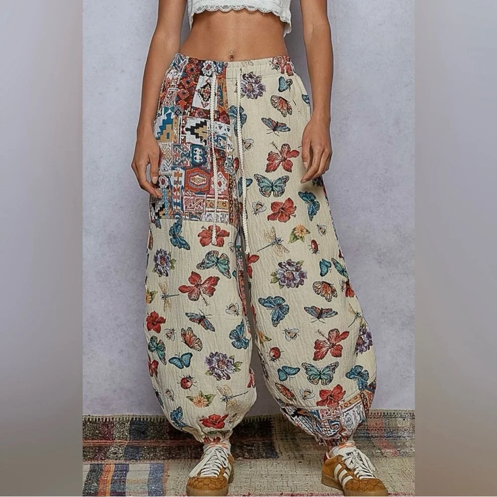 290 - POL Multicolor Butterfly and Floral Patchwork Joggers - Picture 6 of 6